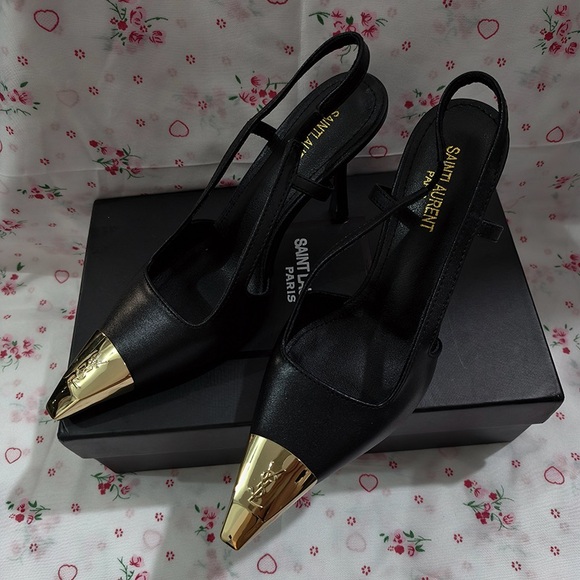 Saint Laurent Black High Heels With Gold Pointed Toe - Picture 1 of 7